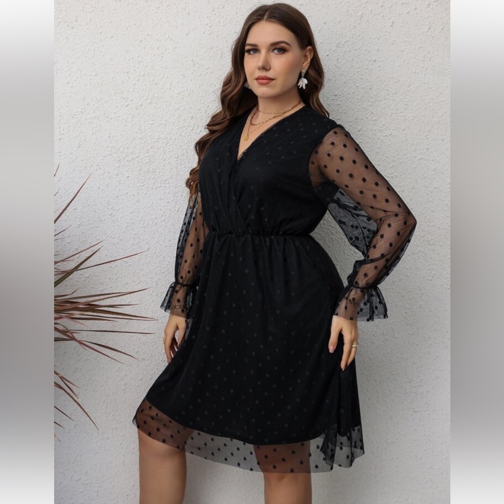 Plus Size Black Polka Dot Mesh Sheer Sleeve Faux Wrap A-Line Dress Size 0XL